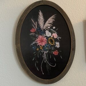 Oval Floral Wall Art - Black Background with Pink, White & Yellow Bouquet